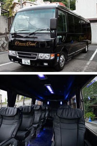 道後プリンスホテルのバス事業用リムジンバス　外観と内装
